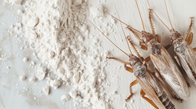 Dried crickets close up, on a white wood countertop sprinkled with flour, organic food of future. Source of protein. Entomophagy concept. Banner, copy space