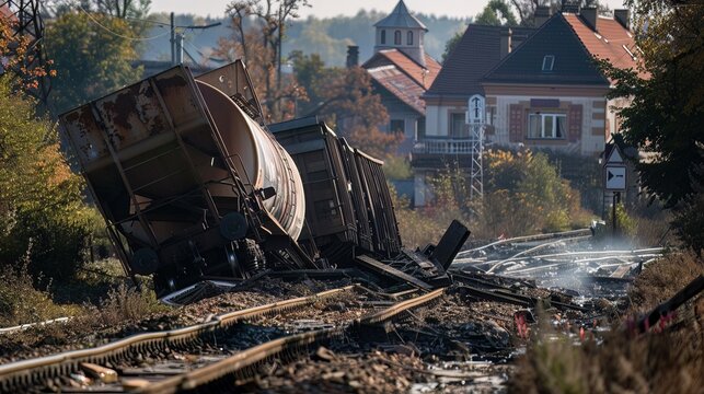 A freight train derails near a sleepy town, twisted metal and cargo strewn across the tracks