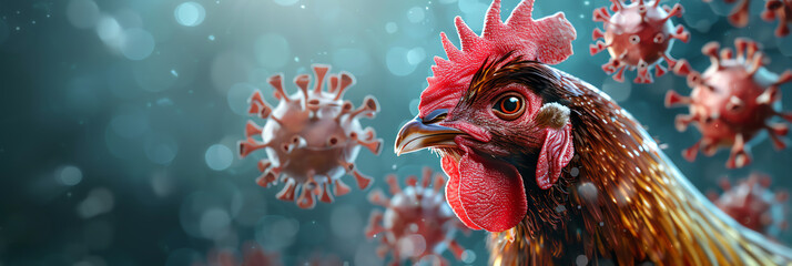A close-up of a chicken surrounded by virus particles, symbolizing the threat of avian disease outbreaks like bird flu in poultry.