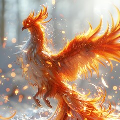 A majestic 3D rendering of a Phoenix rising from ashes, depicted with vibrant fiery colors, isolated on a white background with ample copy space.