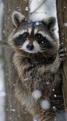A mischievous snow raccoon, hands together, peeking from behind a tree, with copy space on the right