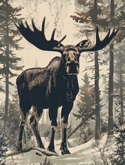 A moose standing tall in a corporate forest setting, representing steadfastness and authority in leadership