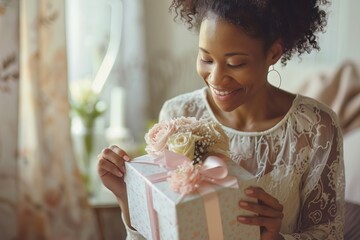 A mother opening a personalized gift, reflecting the thoughtful effort of her loved ones on Mothers Day