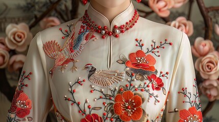 A Vietnamese Ao Dai in vibrant silk, featuring intricate embroidery of the legendary phoenix, symbolizing grace and nobility