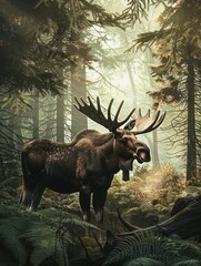 A moose standing tall in a corporate forest setting, representing steadfastness and authority in leadership