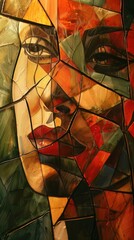 A visage fractured by heat ripples, reflecting the inner turmoil of a hot summer day, Cubist influence,