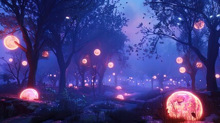 A world of perpetual twilight, where glowing orbs provide light and warmth, creating a dreamy ambiance
