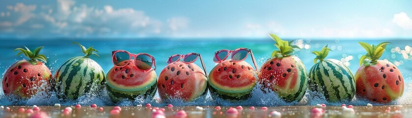 A whimsical illustration of anthropomorphic watermelons having a beach party, complete with tiny sunglasses and hats, in honor of National Watermelon Day