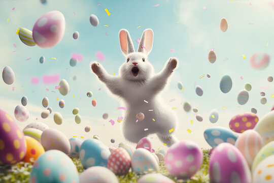 Funny white rabbit surrounded by easter eggs, concept easter celebration

