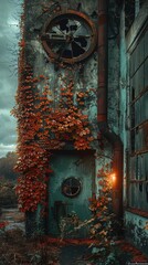 Abandoned factory, twilight hour, ivy reclaiming rusted machinery, eerie silence