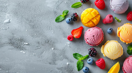 Assorted ice cream balls with berries and fruits on a gray background, top view flatlay with copy space	