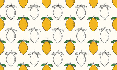 Tropical seamless pattern with yellow lemons. Fruit repeated background. Vector illustration for design and print.