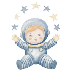 Cosmonaut watercolor illustration. Hand drawn Astronaut in a Space with stars on isolated background. Drawing of boy Spaceman for Baby shower greeting cards or birthday invitation pastel colors.
