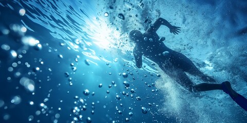 Fototapeta premium A serene dive experience highlighted by the calmness of the surrounding water and bubbles reflecting sunlight