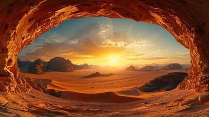 Elliptical frame showing a desert under a blazing sunset, warm tones and vast landscape for immersive experiences