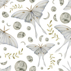Pattern with moon Moth, luna phases and plants on isolated background. Seamless magical backdrop with mystic insects and celestial objects for fantasy textile design or esoteric wrapping paper.