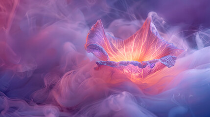 neon-lit flower petal floating on a bed of smoke, with the neon hues casting a soft and ethereal light that highlights the delicate features and contours of the petal in exquisite detail