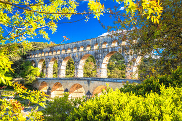 The Pont du Gard ancient Roman aqueduct bridge built in the first century AD to carry water to...
