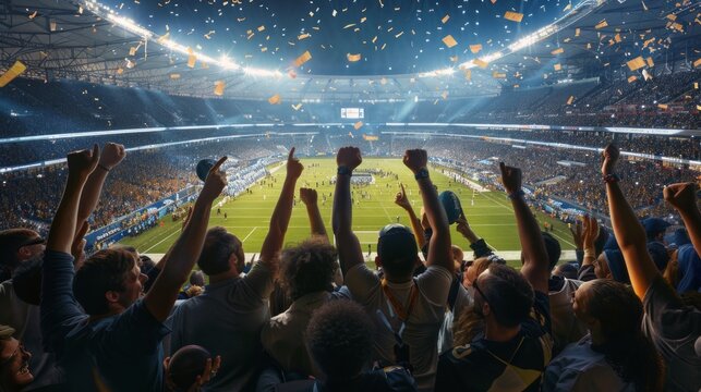 Fans celebrating the success of their favorite sports team on the stands of the professional stadium