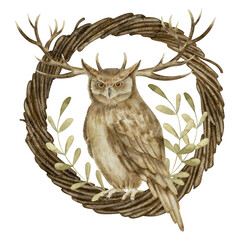 Mystical eagle Owl with horns sitting on a round branch. Watercolor illustration of magical night bird with palnts on isolated background for prints. Drawing of fantasy bubo for icon or logo.