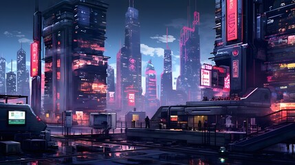 Night city panorama with skyscrapers and neon lights. 3d rendering