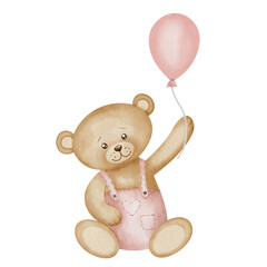 Teddy Bear with balloon watercolor illustration. Hand drawn sketch of little cute animal in pastel beige and pink colors for Baby shower invitations or happy birthday greeting cards for girls.
