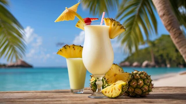 Refreshing pina colada cocktail in tropical paradise with blurred beach background and copy space