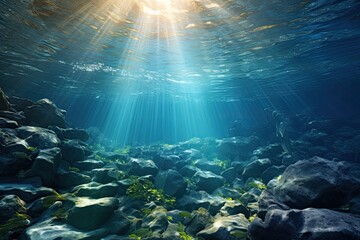 Underwater Sunlight Rays Illuminating Rocky Seabed and Aquatic Plants.