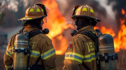 Fototapeta premium Two firefighters are standing in front of a burning building
