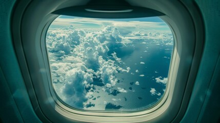 Fototapeta premium Beautiful view of sky and clouds through the aircraft window. Airplane window. Concept of travel and air transportation