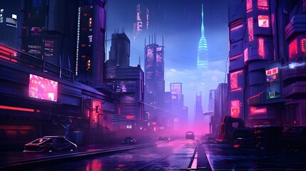 Night city with high-rise buildings and cars. 3d rendering