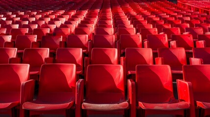 Fototapeta premium Red tribunes. seats of tribune on sport stadium. empty outdoor arena. concept of fans. chairs for audience. cultural environment concept. color and symmetry. empty seats. modern stadium