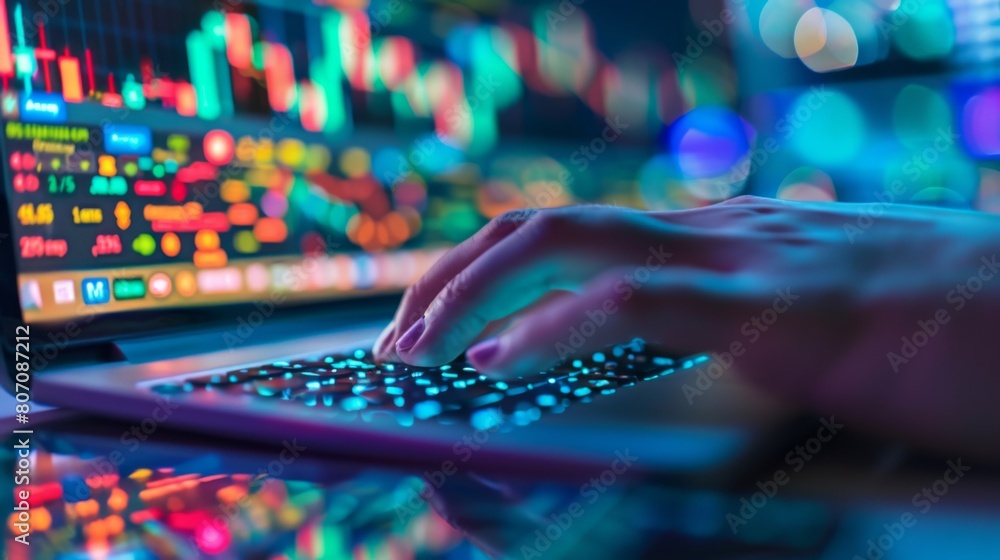 Aufkleber A hand typing on a keyboard with a stock market trading platform on the computer screen, emphasizing the importance of information technology in trading.