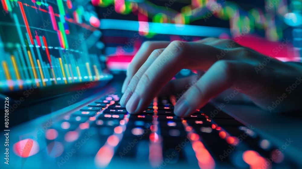 Poster A hand typing on a keyboard with a stock market trading platform on the computer screen, emphasizing the importance of information technology in trading.