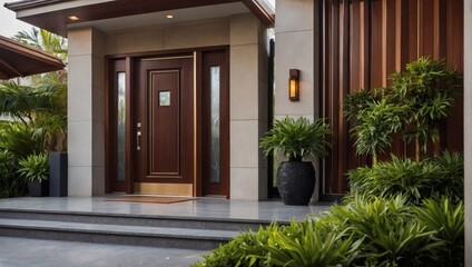 Step into elegance, a sleek automatic wooden entry door in rich brown hues, welcoming guests with warmth and sophistication.