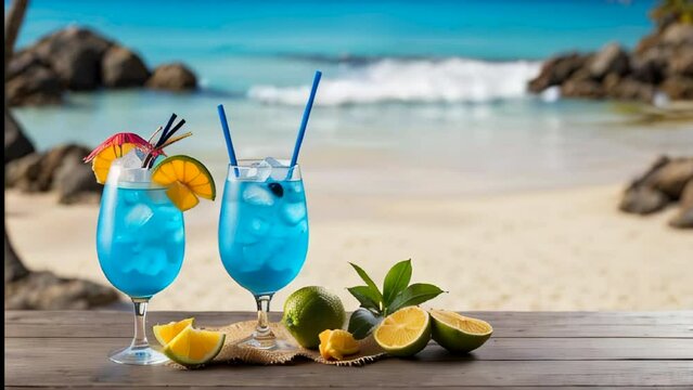 Tropical blue lagoon cocktail with blurred beach background and space for text placement