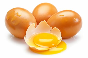 Three whole eggs and one cracked open displaying its yolk on a white background