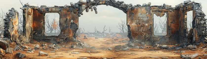 A desolate scene with a ruined building and a large archway