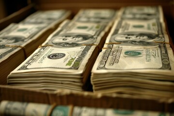 Pile of money american hundred dollar bills. Money background.
