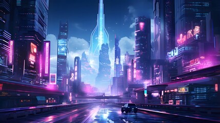 Night city panoramic view with neon lights. 3d rendering