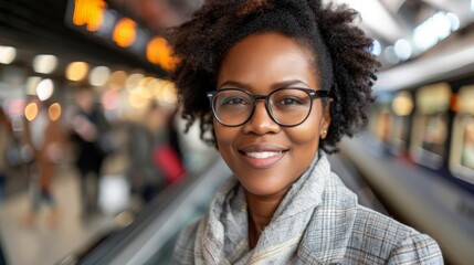   A tight shot of someone donning glasses at a bustling train station, with a train and its tracks visible in the background - Powered by Adobe