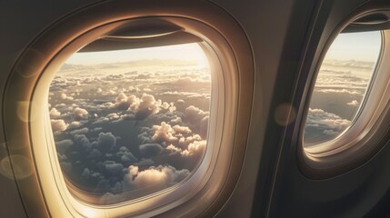 Beautiful view of sky and clouds through the aircraft window. Airplane window. Concept of travel and air transportation