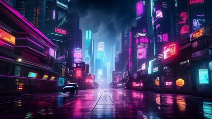 Night city with neon lights and cars. Panoramic view.