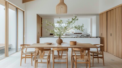 A minimalist dining room with a wooden table, Scandinavian chairs, and pendant lighting, creating an inviting space for intimate gatherings.