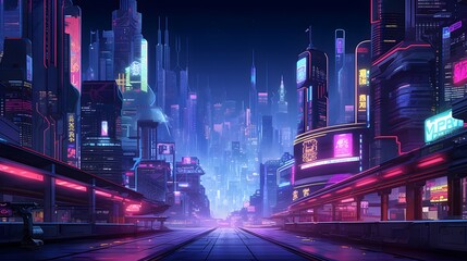 Futuristic city at night with high-rise buildings and neon lights