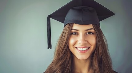   A woman, wearing a graduation cap and gown, smiles at the camera with long, flowing hair