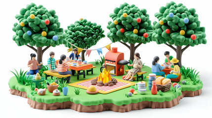 3D Flat Icon Illustration of Company Picnic Day: Employees Gather for Team Building Activities and Casual Moments Outdoors in Isometric Scene