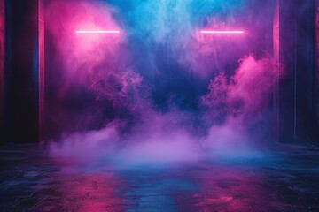 Empty Dark Stage with Neon Lights and Spotlights

