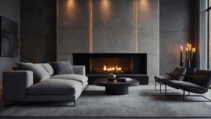 Step into sleek sophistication, a minimalist modern living room with a fireplace and concrete walls, exuding contemporary elegance and understated luxury.