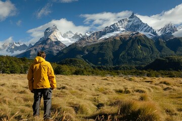 Naklejka premium A standing in the beautiful natural landscape of looking at snow capped mountains and clear blue sky, enjoying nature's beauty while hiking